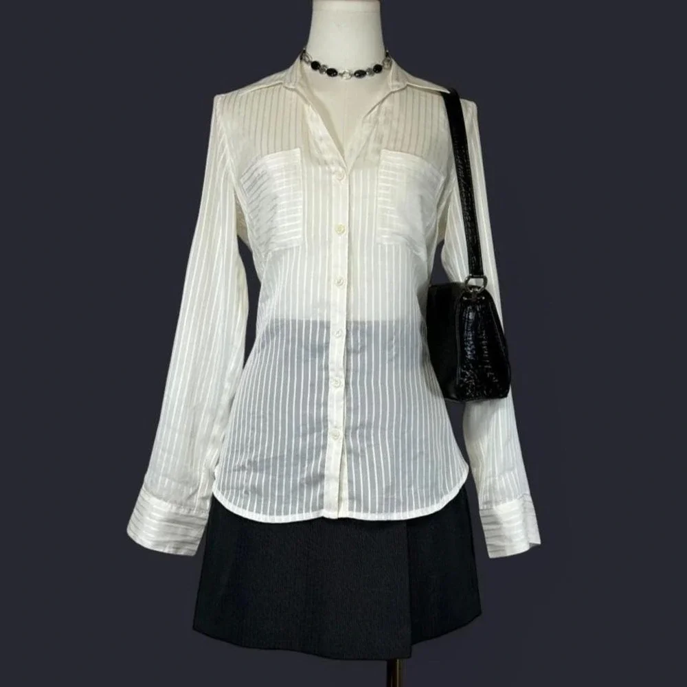 Express Portifino Shirt Roll Tab Button Up Sheer Striped Womens S Minimalist - Picture 1 of 8